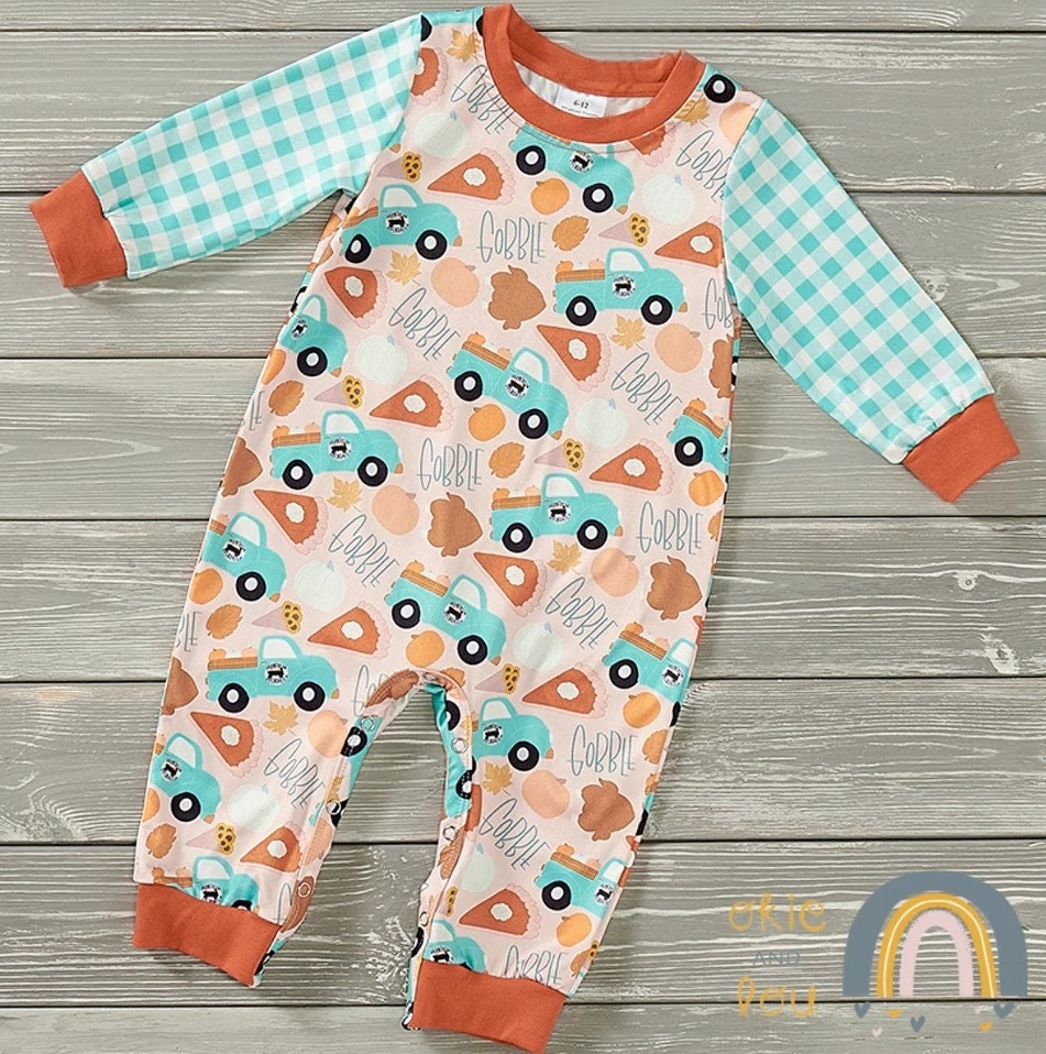 Okie & Lou Pumpkins In Mint Boy Infant Romper