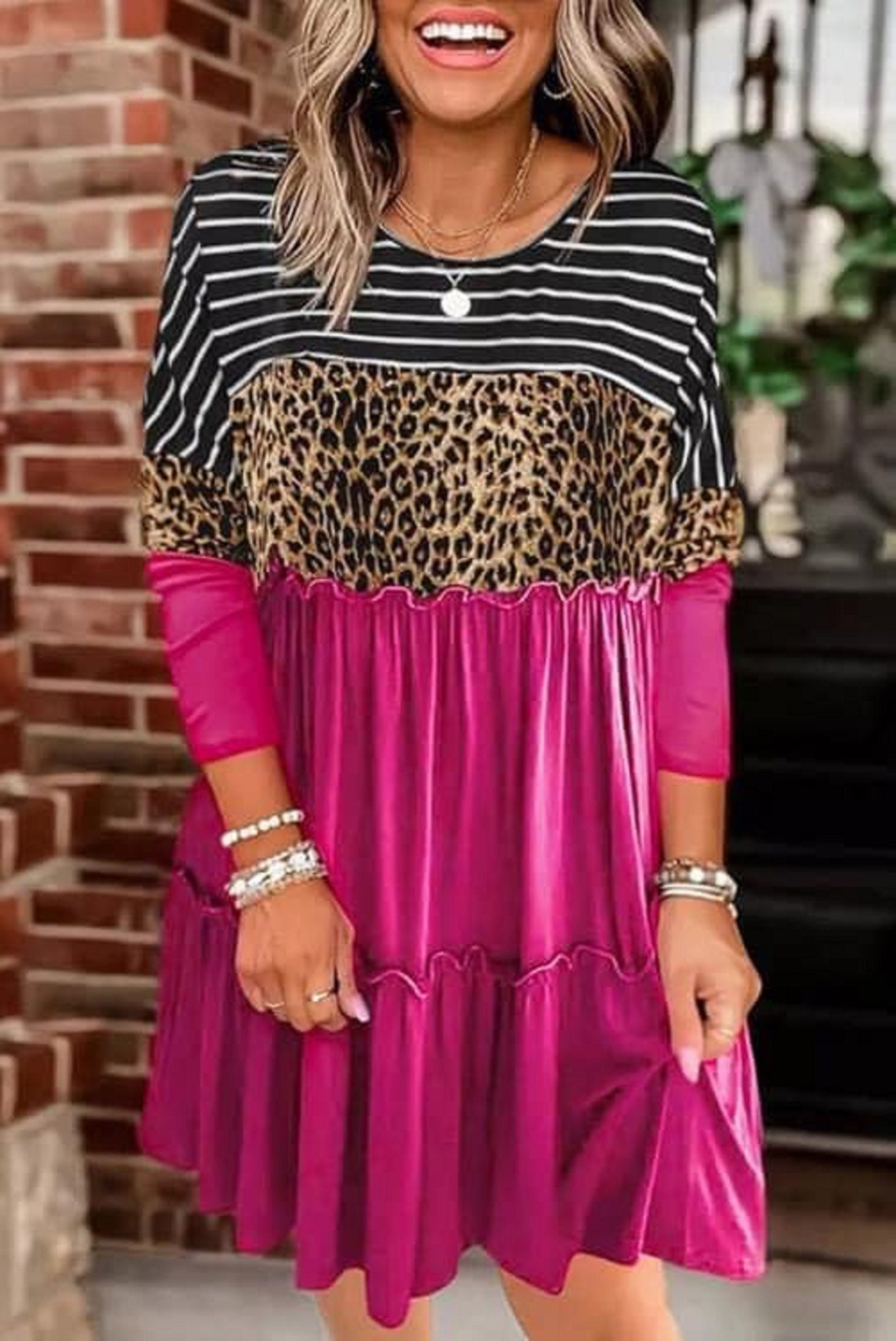 long sleeve pink leopard print dress Opulessa Women's Pink Leopard Print Asymmetric Neck Long Sleeve Slit Hem Dress,Chic Autumn Fall Outfits,Elegant Mesh Maxi Vacation Holiday Party Outfits
