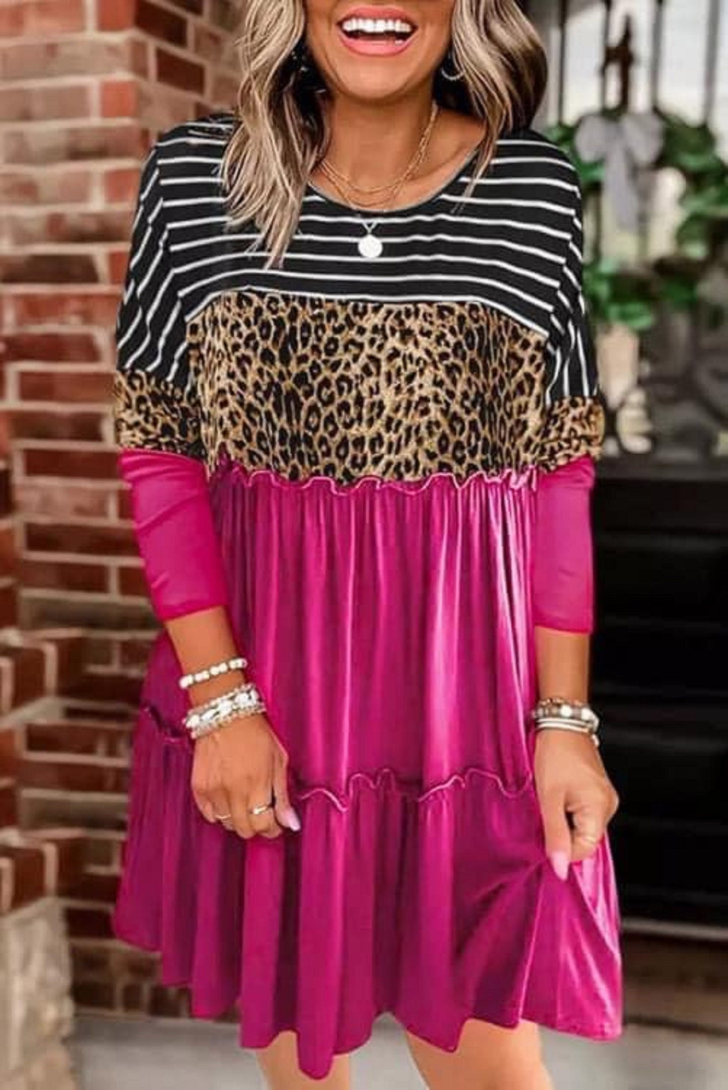 Women's Pink Leopard & Striped Long Sleeve Dress