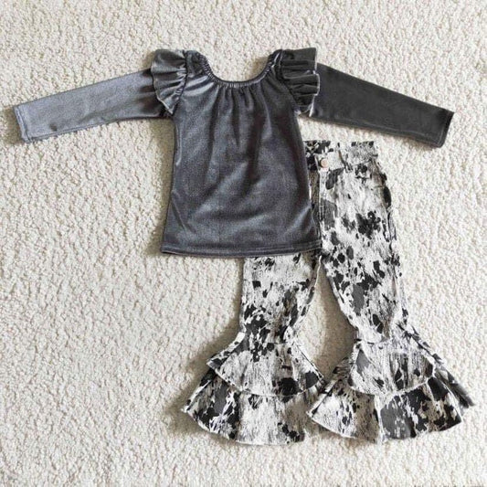 Silver Velvet Long Sleeve Top and Cow Jeans Bell Bottom Set