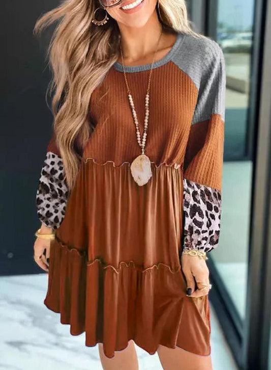 Women's Long Sleeve Leopard Brown Dress