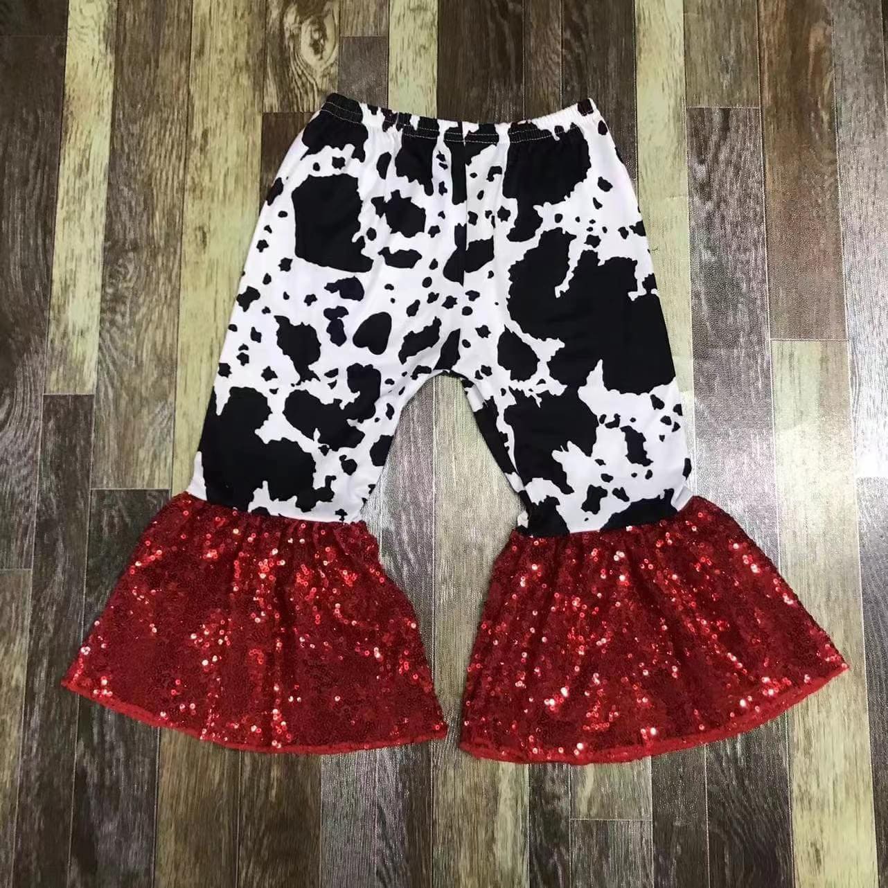 Cow Red Bell Bottom Pants Red Sequin Flare