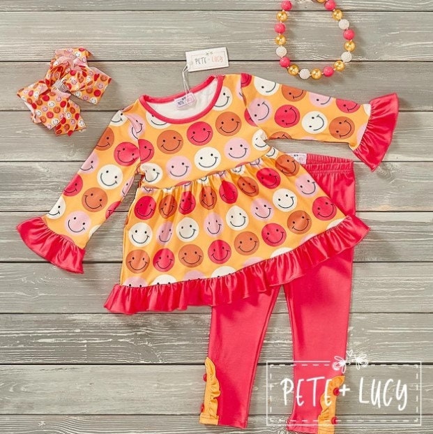 Pete + Lucy Smiley Face Two-Piece Ruffle Pant Set