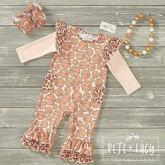 Pete + Lucy Basketball Safari Girls Long Sleeve Romper