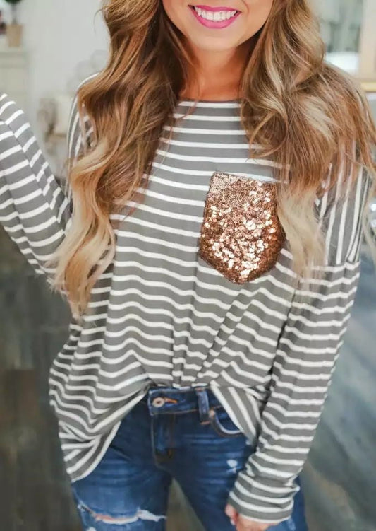 Grey and White Stripe Gold Sequin Pocket Women's Shirt