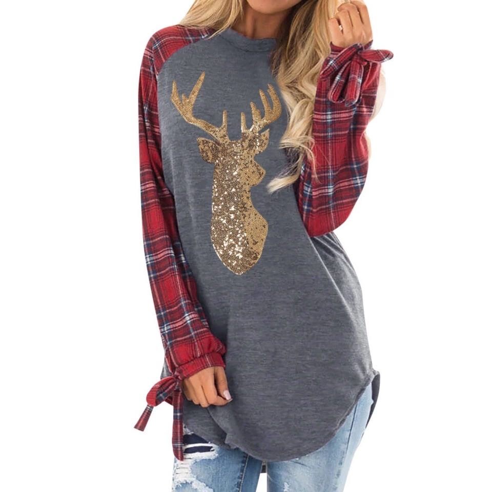 Women's Gold Sequin Deer Red Plaid Tie Shirt