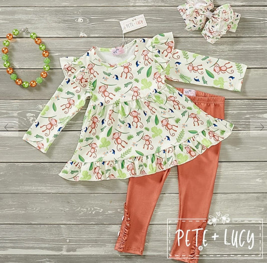 Pete + Lucy Cute Monkey Two-Piece Pant Set Long Sleeve