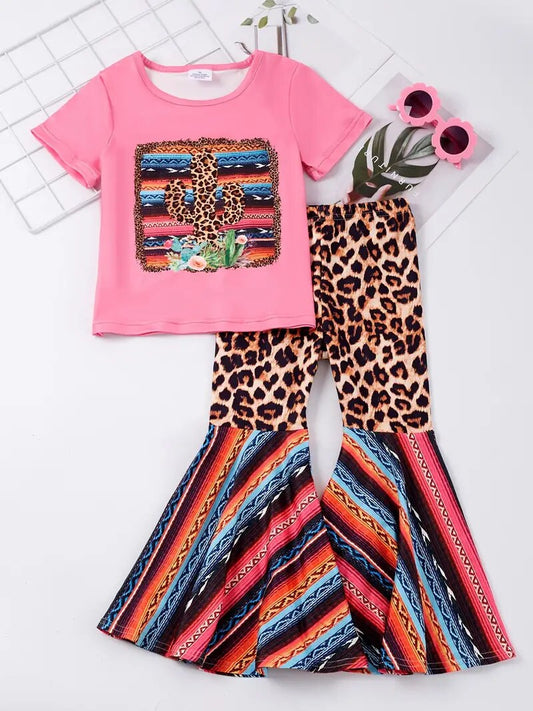 Pink Cactus Leopard Bell Bottom Pants Set