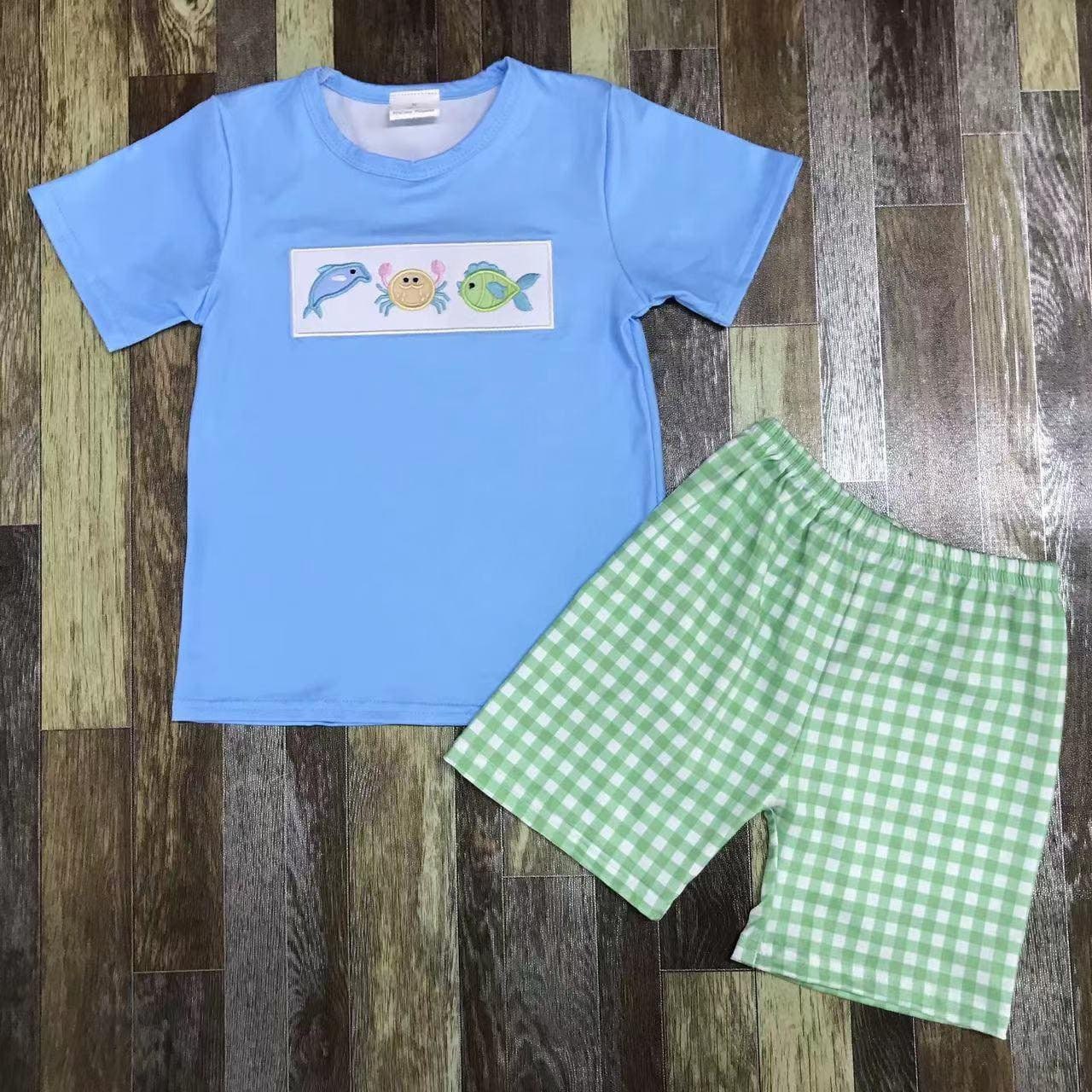 Dolphin, Crab, Fish Blue Green Plaid Boys Outfit