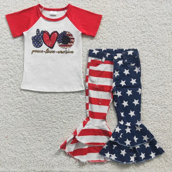 Peace Love America Flag Bell Bottom Jean Pants Set