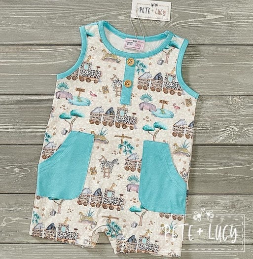 Pete + Lucy Safari Train Boy Infant Romper