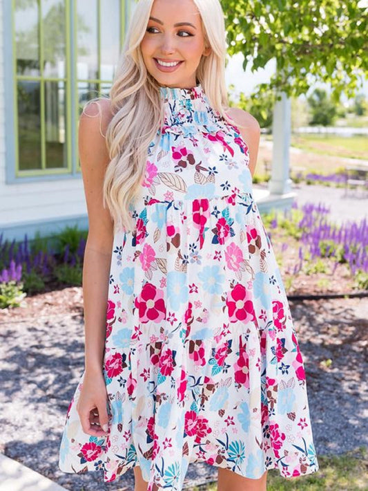 Ladies Floral Flowy Short Sleeve Dress