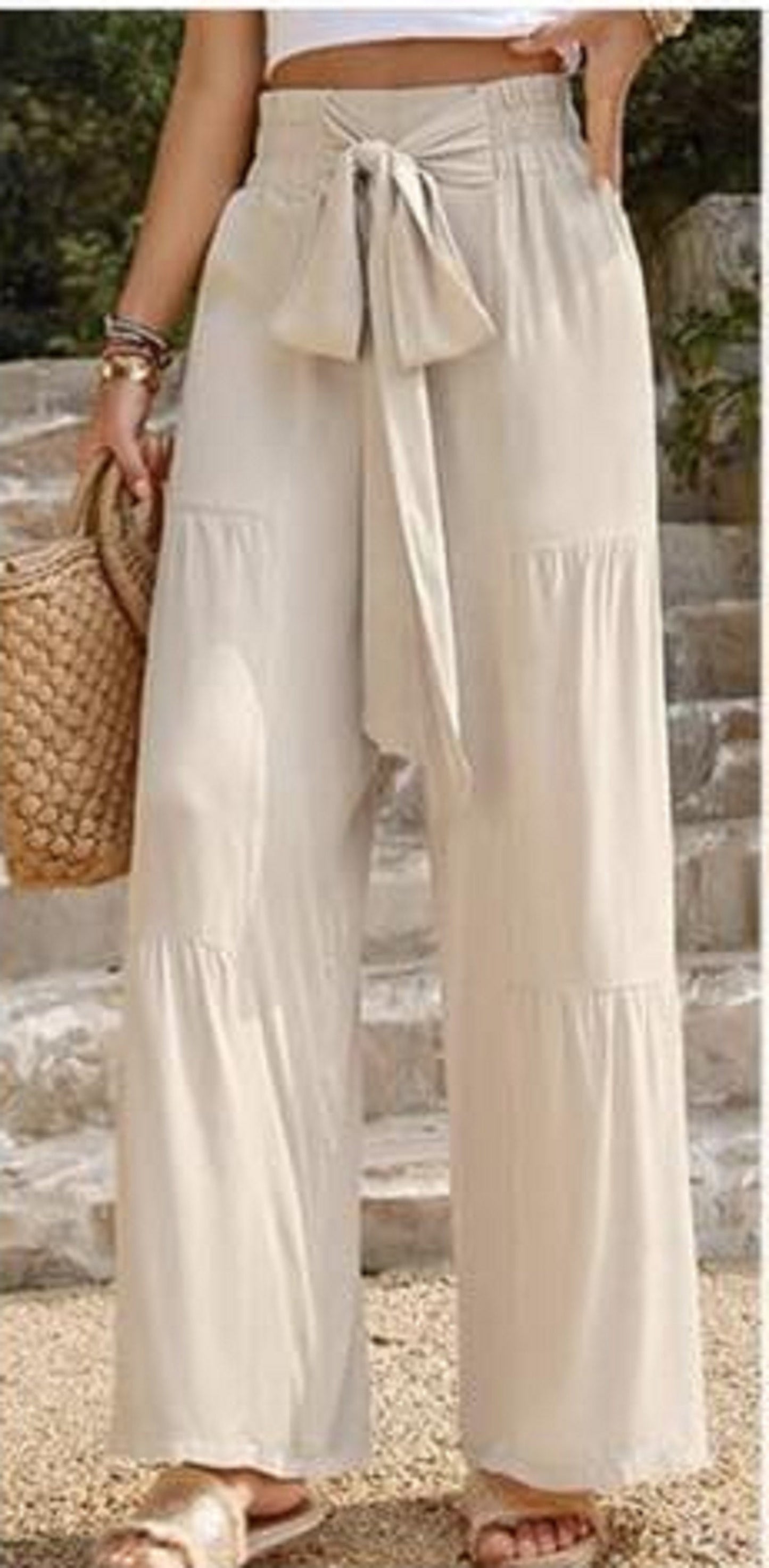 Ladies Beige Flowy Pants